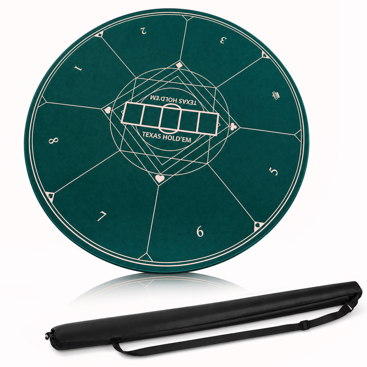Round poker mat with a black carry bag, green surface and white markings