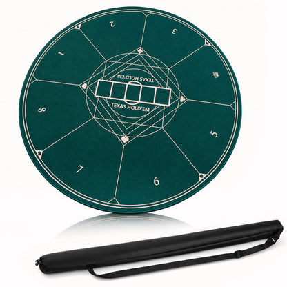 Round poker mat with a black carry bag, green surface and white markings