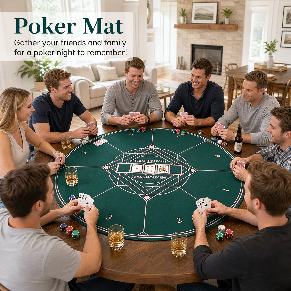 Eight people playing poker around a round table with the green mat