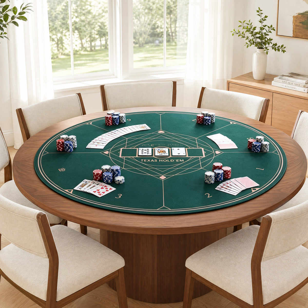 Green poker table layout on a wooden table with cards and chips