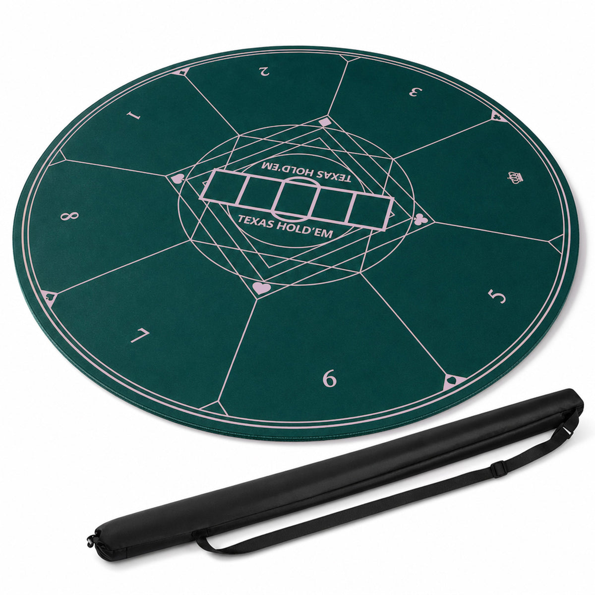 Green poker mat with a carry bag, showing the Texas Hold'em design