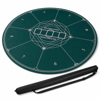 Green poker mat with a carry bag, showing the Texas Hold'em design
