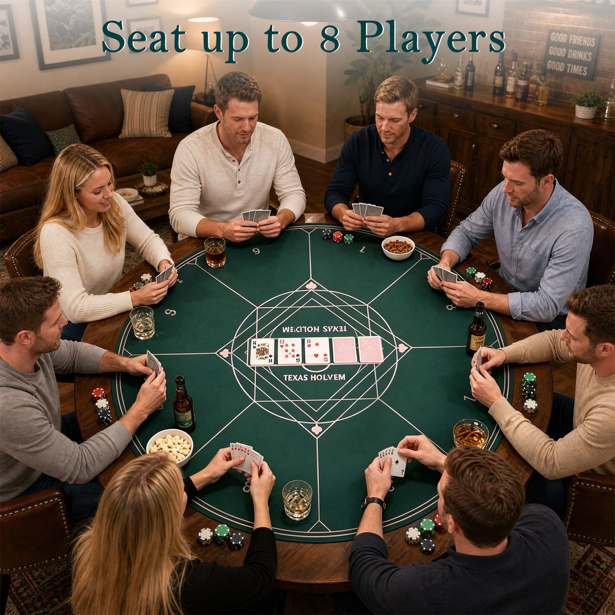 People playing Texas Hold'em on a round green poker mat at a table