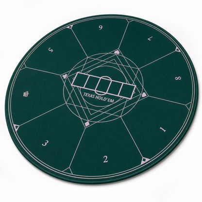 Green Texas Hold'em poker mat with numbered sections and geometric design