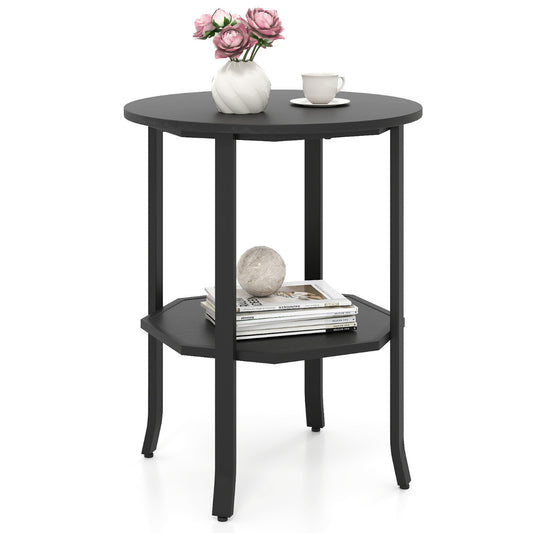 Round Side 2-Tier End Table with Storage Shelf, a black table with two shelves and four legs