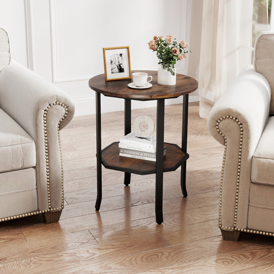 The rustic brown two-tier end table is placed between two armchairs