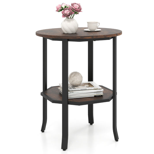 Round Side 2-Tier End Table with Storage Shelf in rustic brown with black metal legs