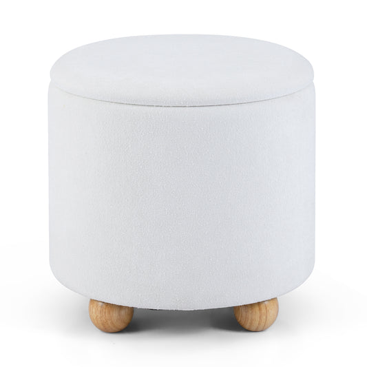Round Storage Ottoman 45 CM Chenille Fabric Footrest Stool with removable lid in white