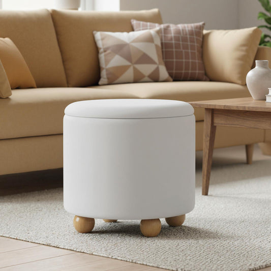 White round storage ottoman with wooden legs in a living room setting