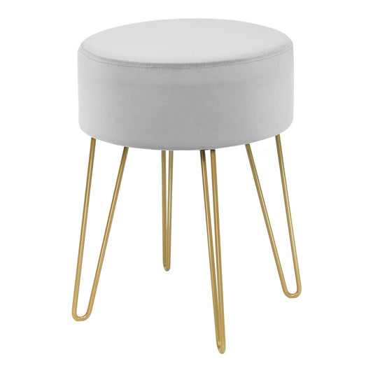 Round Velvet Stool with Hairpin Legs in grey velvet with gold hairpin legs