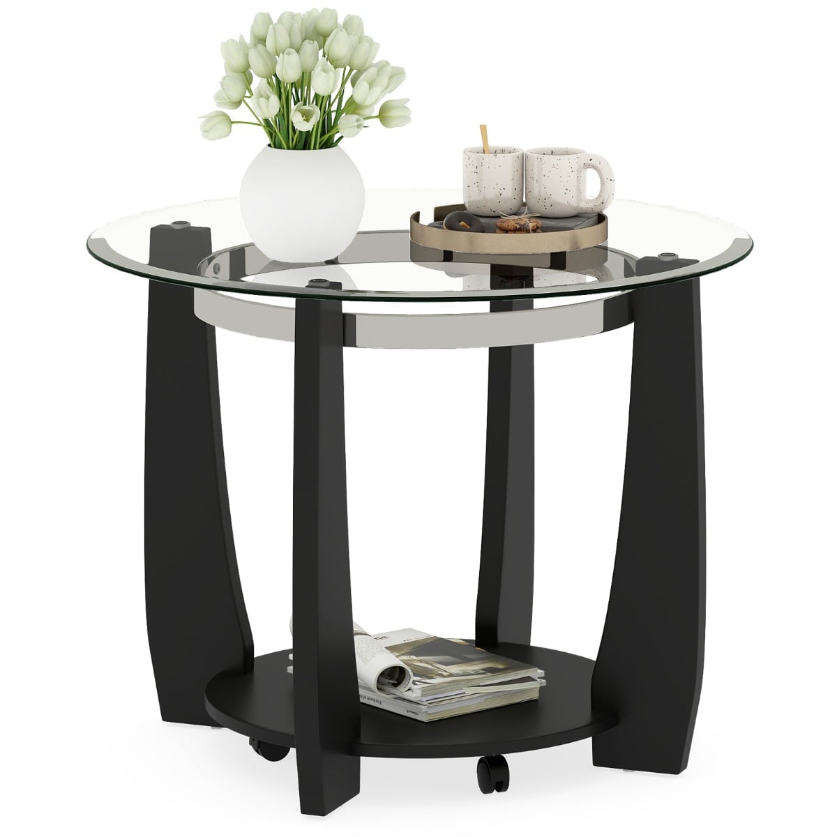 81CM 2-Tier Round Center Table with Storage Shelf and Solid Rubber Wood Legs-Black