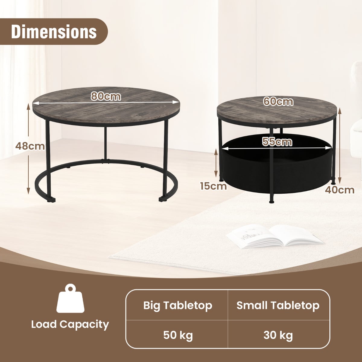 Round Coffee Table Set of 2 Circle Cocktail Table with Storage Basket-Grey