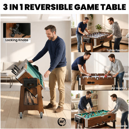 SPORTNOW 3 in 1 Multi Game Table, 3.4ft Reversible Air Hockey Pool Football Games Table with Lockable Wheels, Storage Shelf
