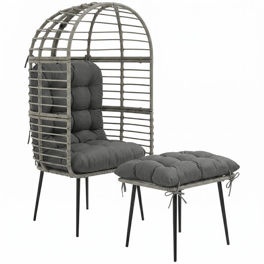 Outsunny Garden Egg Chair with Footstool, Rattan Indoor Outdoor Lounge Chair and Ottoman Set with Thick Cushions, Light Grey