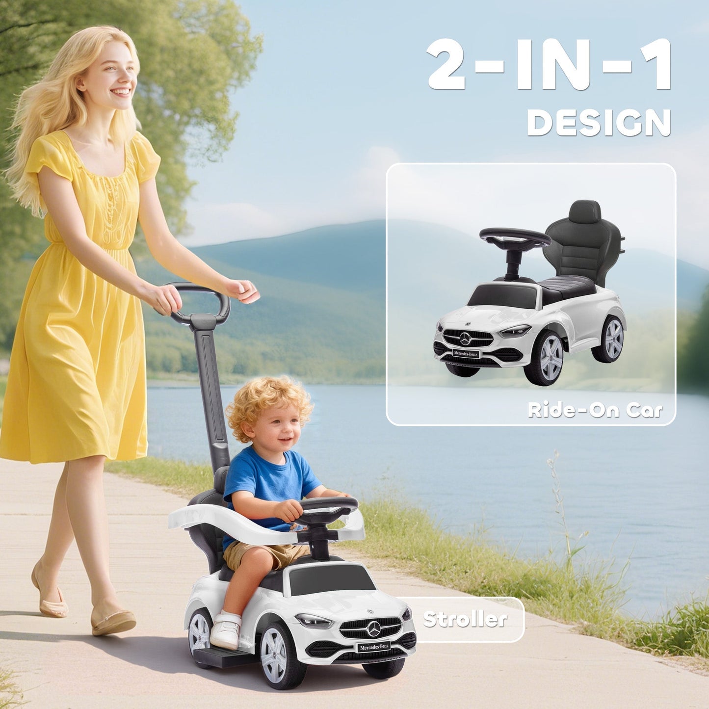 AIYAPLAY 2 in 1 Baby Ride on Push Car Mercedes-Benz C-Class Licensed Walker Foot to Floor Push-Along with Removable Handle, White