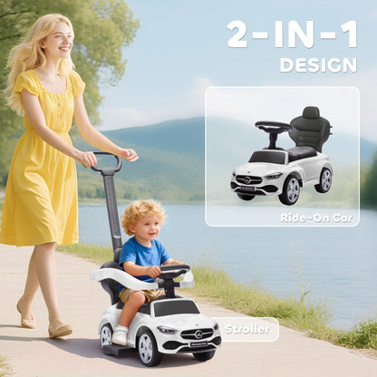 AIYAPLAY 2 in 1 Baby Ride on Push Car Mercedes-Benz C-Class Licensed Walker Foot to Floor Push-Along with Removable Handle, White