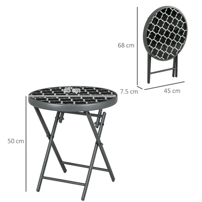 Outsunny Φ45cm Garden Side Table, Outdoor Round Folding Patio Table with Imitation Marble Glass Top, Small Coffee Table, Black and White