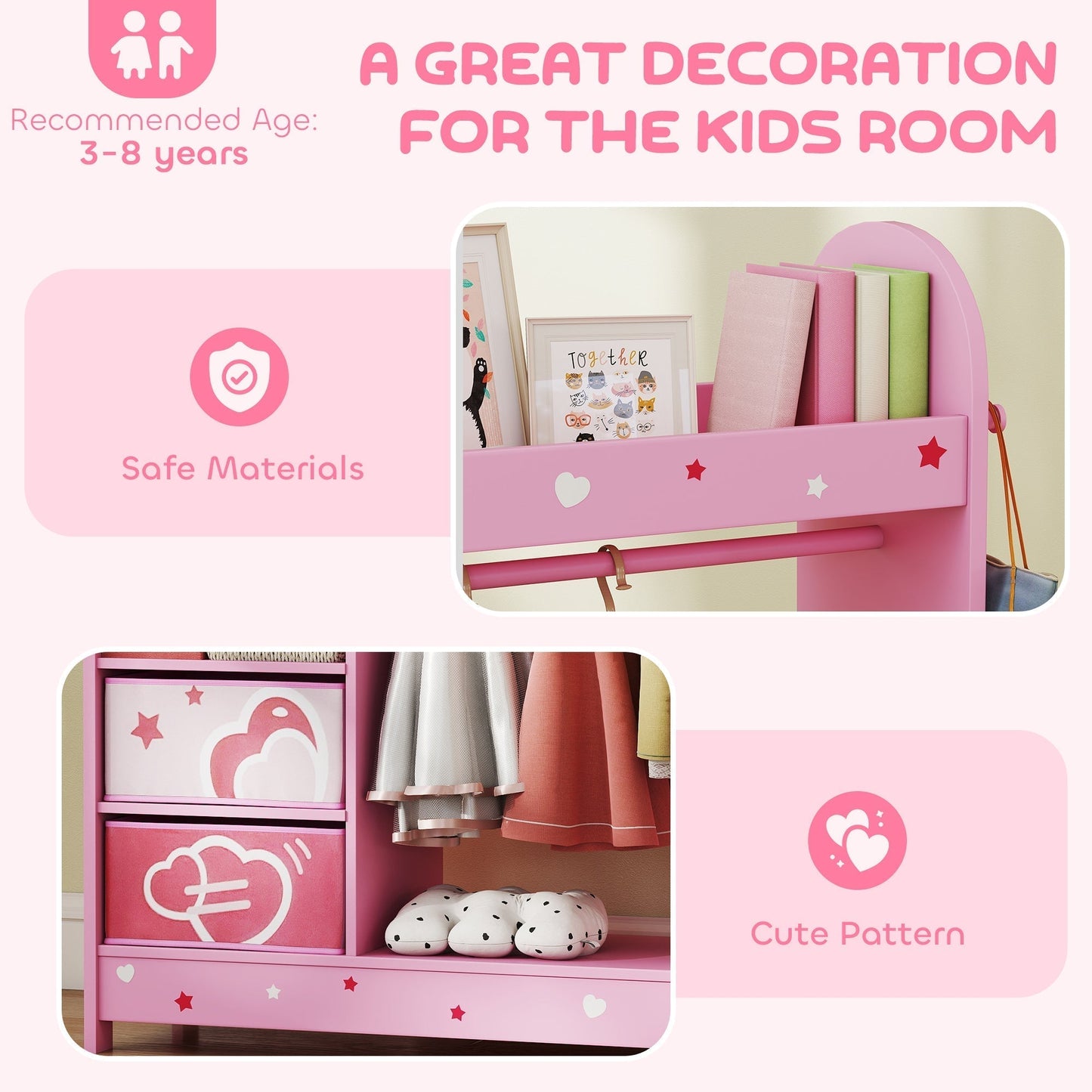 AIYAPLAY Kids Clothes Rail, Kids Wardrobe with Mirror, Shelves, Fabric Storage and Hooks for Bedroom, Nursery, Pink
