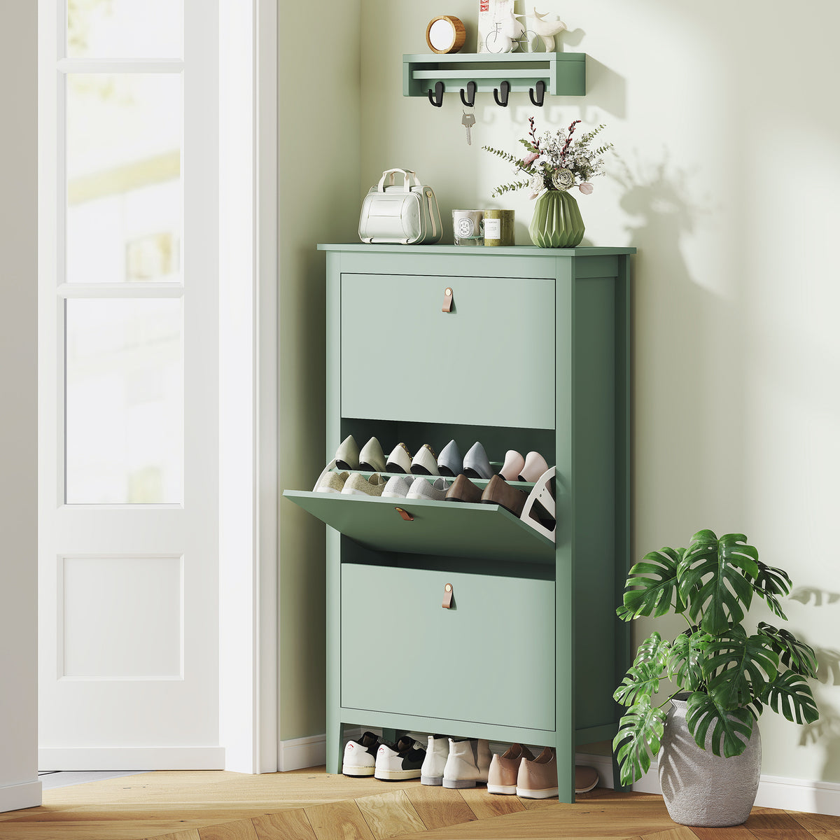 HOMCOM Modern Three-Drawer Shoe Cabinet in Green
