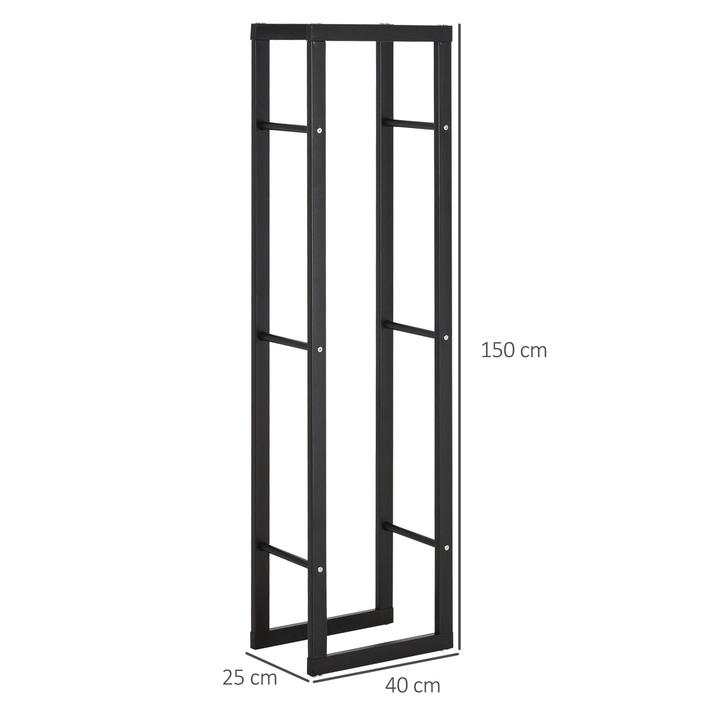 حامل حطب معدني طويل من HOMCOM، رف حطب للموقد للاستخدام الداخلي والخارجي مع أرفف تخزين خشبية وحواجز جانبية، مقاوم للصدأ، أسود، 40 عرض × 25 عمق × 150 ارتفاع سم
