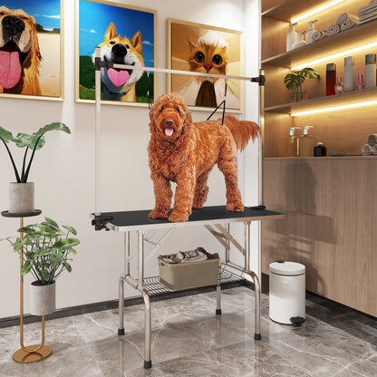 PawHut 42" Dog Grooming Table, Adjustable Pet Cat Drying Beauty Table with 2 Loops Storage Basket, Rubber Top, Black