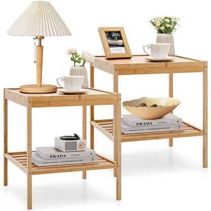 2-tier Bamboo Bedside Tables Set of 2 with Storage Shelf-Natural
