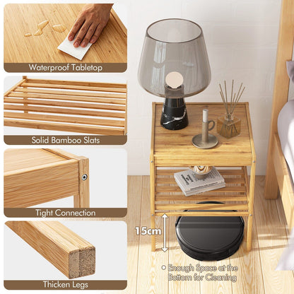 2-tier Bamboo Bedside Tables Set of 2 with Storage Shelf-Natural