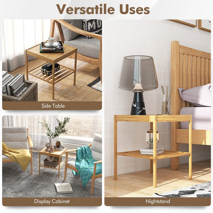 2-tier Bamboo Bedside Tables Set of 2 with Storage Shelf-Natural