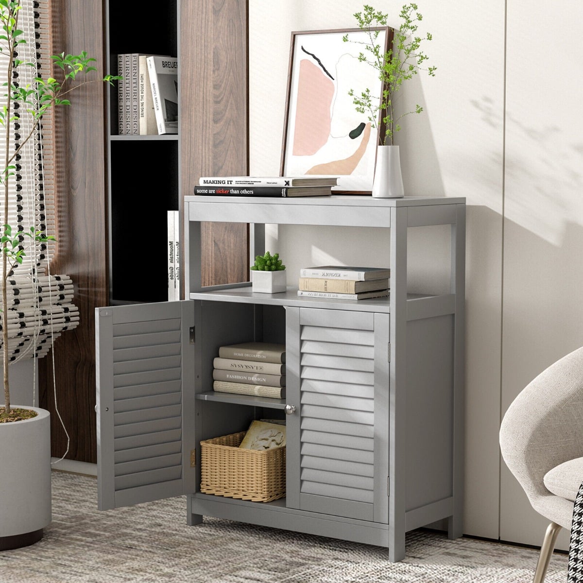 Bathroom Floor Cabinet with Double Shutter Door and Adjustable Shelf-Grey