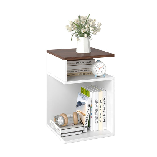 S-Shaped Side Table with two open compartments in walnut and white finish