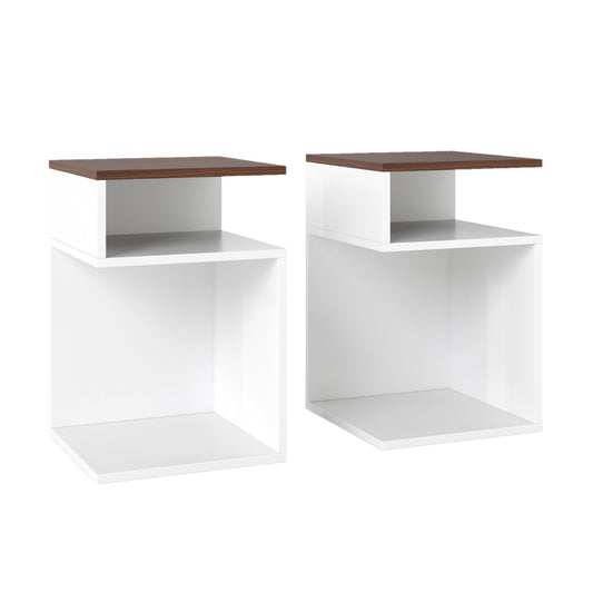 S-Shaped Side Table Set of 2 with walnut tops and white frames standing on a plain white background