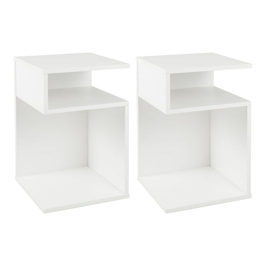 S-Shaped Side Table with 2 open compartments in white, shown as a pair