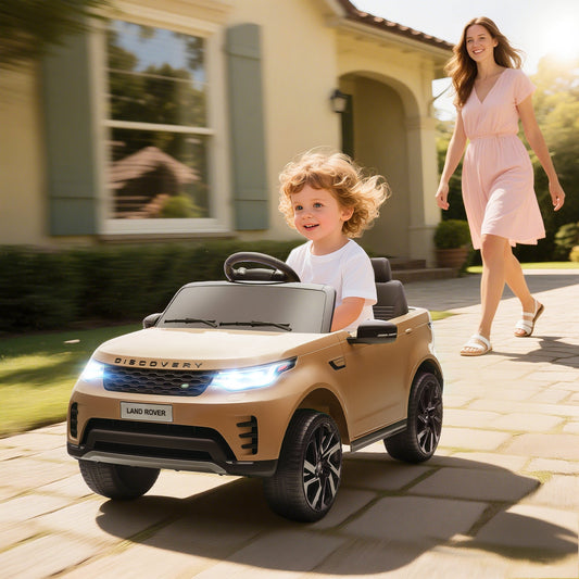 سيارة أطفال كهربائية AIYAPLAY Land Rover Discovery مرخصة 12 فولت مع ريموت تحكم، نظام تعليق بأربع عجلات، تشغيل بطيء، أضواء، موسيقى، لون كاكي.