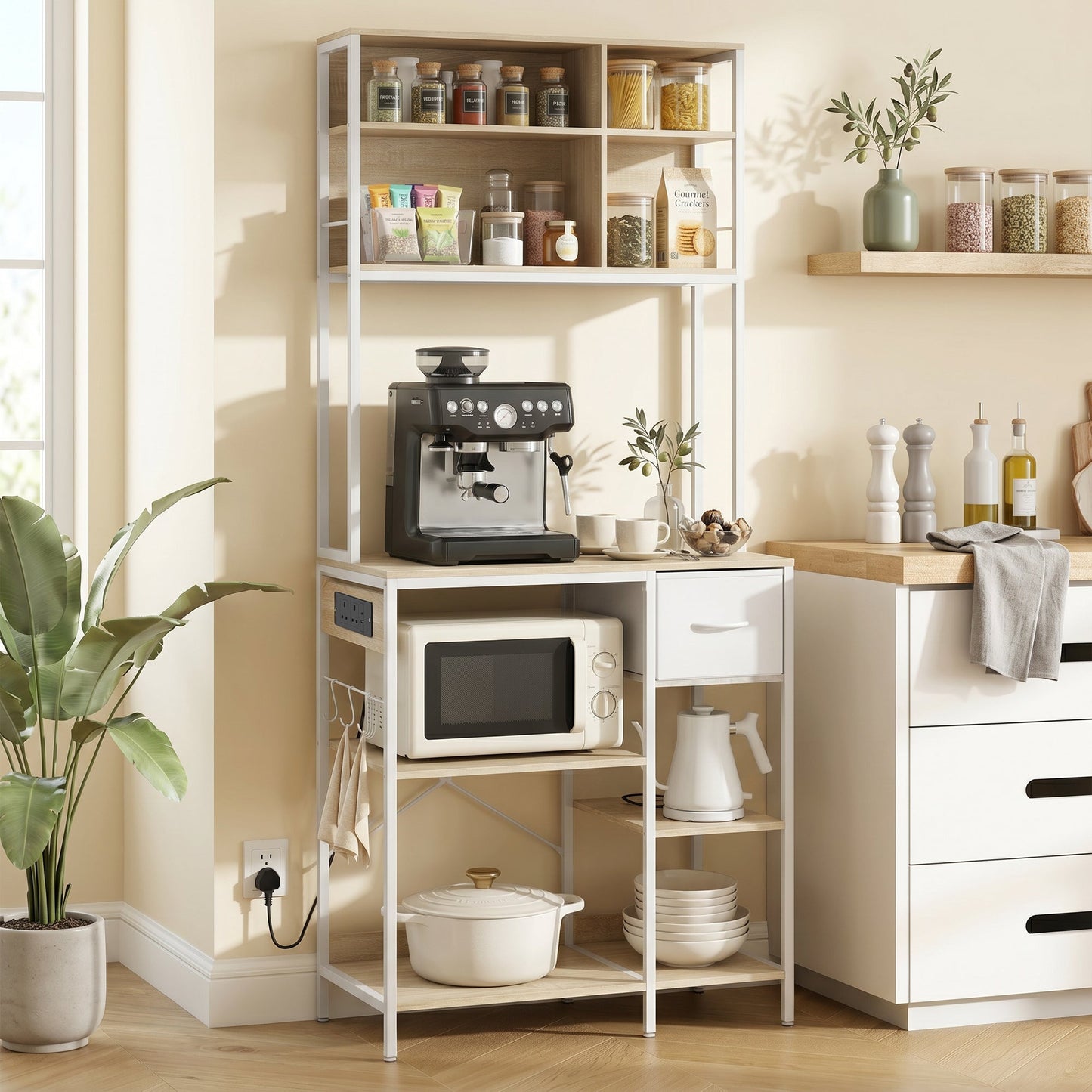 HOMCOM Kitchen Baker's Rack, Microwave Stand with Storage Shelves and 6 Hooks for Small Spaces