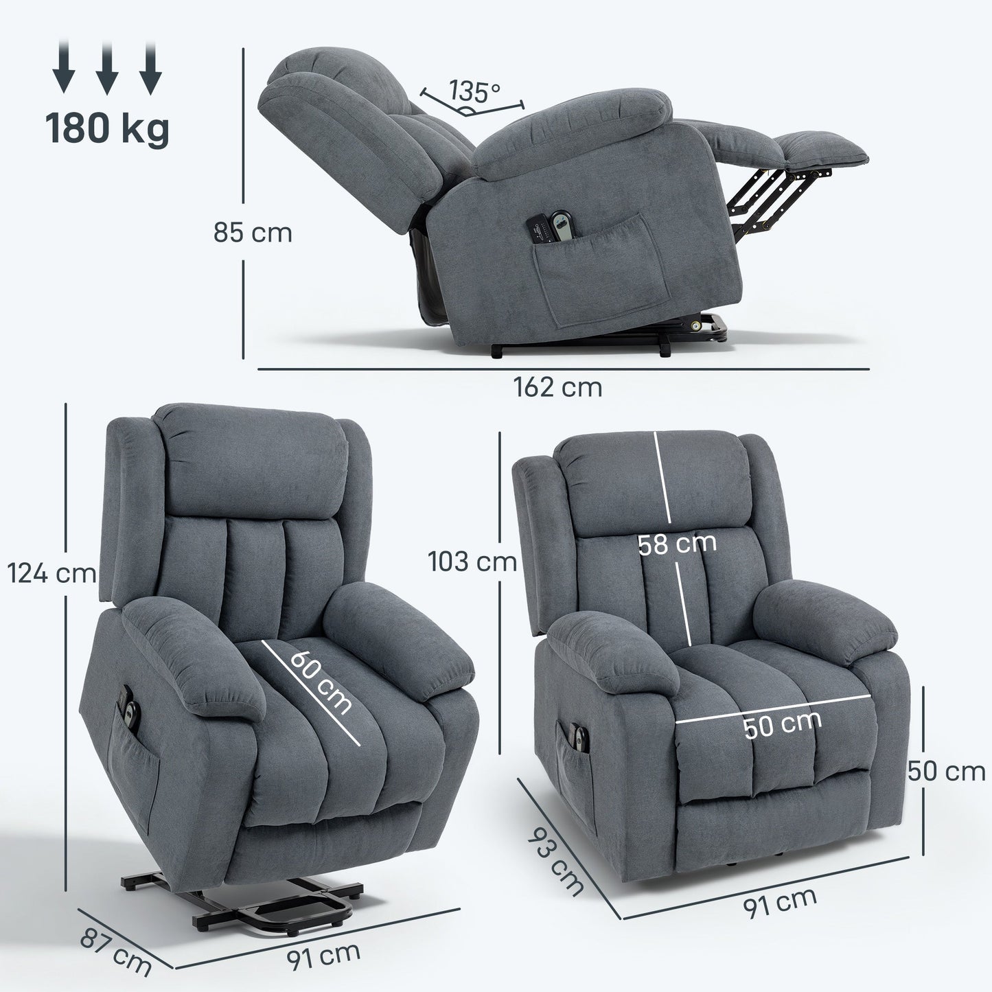 HOMCOM Power Lift Recliner Chair with Vibration Massage, Lift Chair for Elderly with Footrest, Remote, Side Pocket, Grey