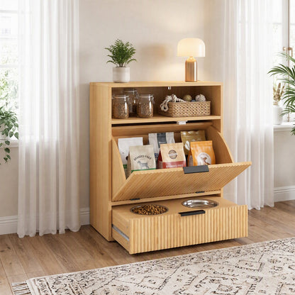 PawHut Pet Feeder Station with Storage, Dog Food Storage Container w/ 2 Raised Bowls, Tilt Out Cabinet, Slow Feeder Mat