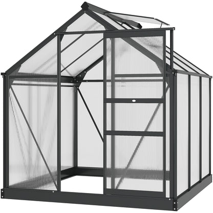 Outsunny دفيئة بولي كربونات 6 × 6 قدم، دفيئة كبيرة بباب منزلق ونافذة، منزل زراعة نباتات الحديقة بإطار من الألومنيوم وأساس، رمادي