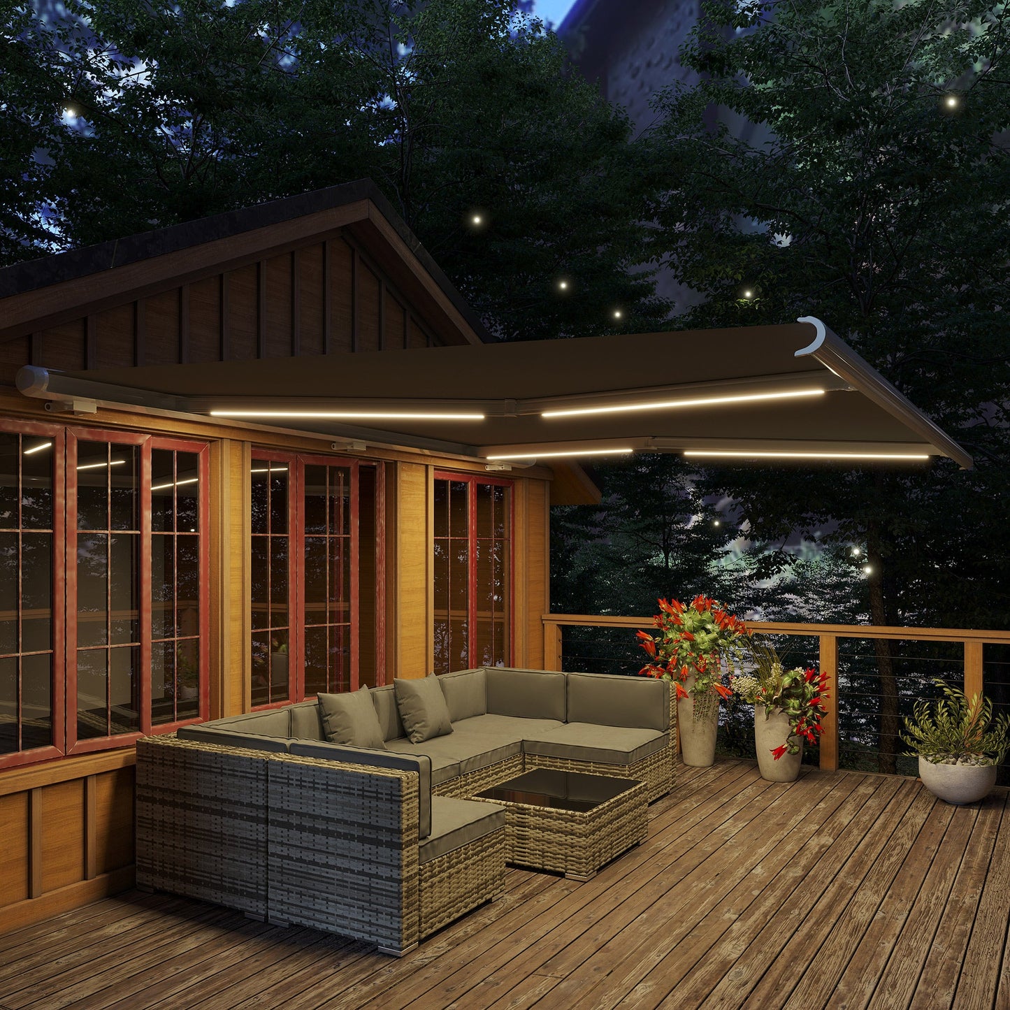 مظلة Outsunny 4x3m كهربائية/يدوية قابلة للسحب بكاسيت كامل مع ضوء LED وجهاز تحكم عن بعد، مظلة شمسية لأبواب الفناء والنافذة، رمادي
