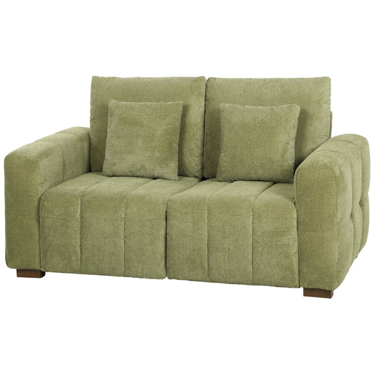 HOMCOM 2 Seater Sofa, Upholstered Velvet Small Couch for Bedroom with Pillows, Modern Sofa Settee with Padded Cushion and Wood Legs for Living Room, Green