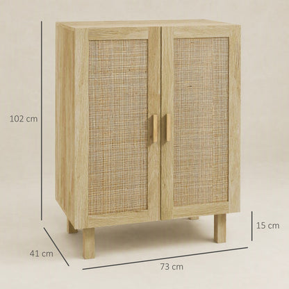 HOMCOM Sideboard Storage Cabinet, Boho Kitchen Cabinet with 2 Rattan Doors and Adjustable Shelves for Kitchen, Natural