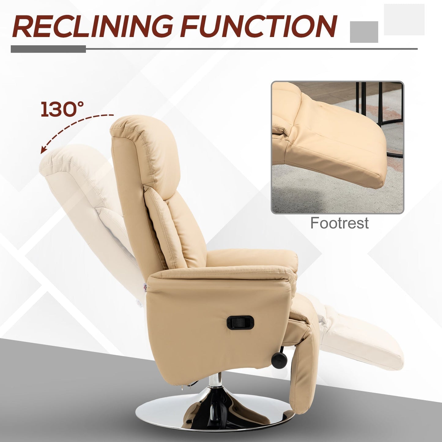 HOMCOM Adjustable Swivel Recliner, Manual Recliner Chair with Footrest, Padded Arms, PU Leather Upholstery, Beige