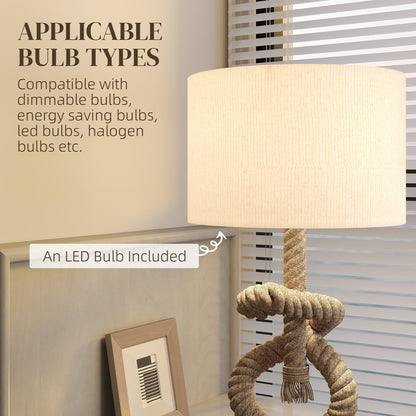 HOMCOM Nautical Table Lamps Set of 2 with USB Charging Port, Bedside Lamps for Bedroom Living Room, Warm White LED Bulb Included, with Hemp Rope, Natural