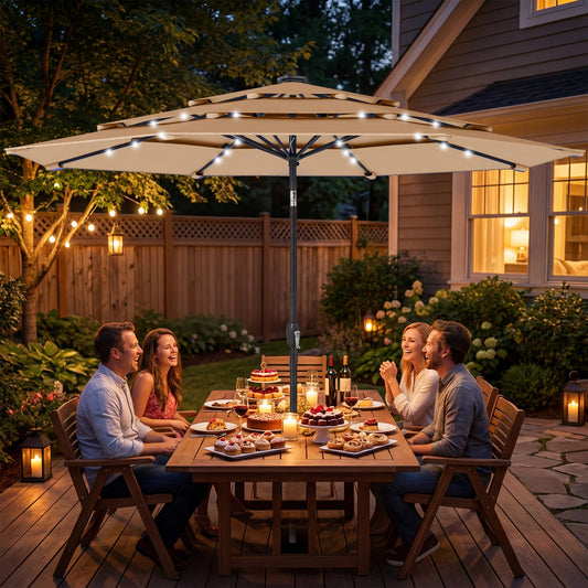 مظلة شمسية من Outsunny بقطر 2.8 متر مع إضاءة LED تعمل بالطاقة الشمسية، غطاء مظلة، مظلة فناء خارجية بثلاث طبقات للطاولة والسوق، لون كاكي