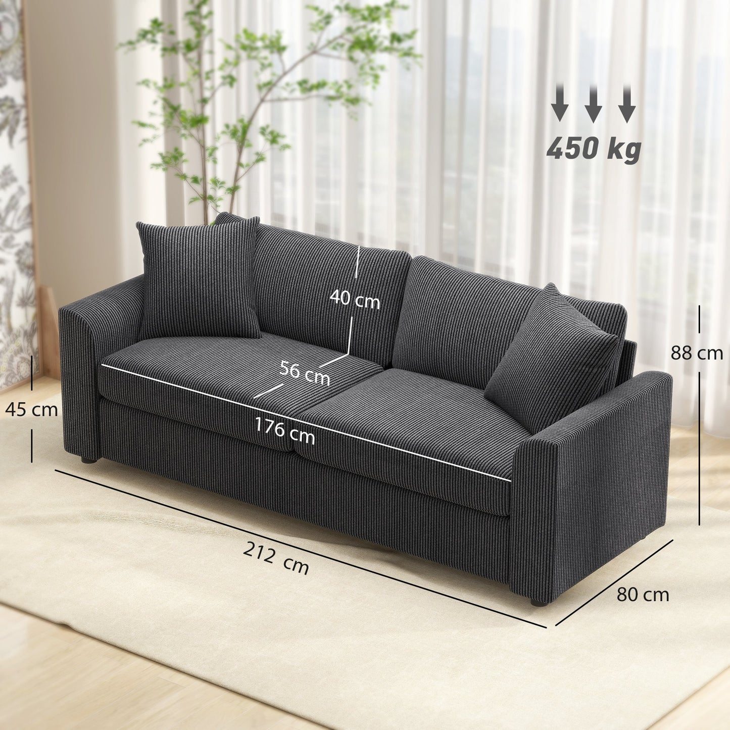 HOMCOM Modern 3 Seater Sofa with Spring Cushion, 212 cm Fabric Jumbo Cord Sofa Couch with 2 Scatter Cushions, Upholstered Corduroy Settee for Living Room, Bedroom, Home Office, Grey