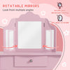 HOMCOM Kids Vanity Table and Chair Set with Tri-Folding Mirror and Stool, Makeup Dressing Table with Drawer, Pink