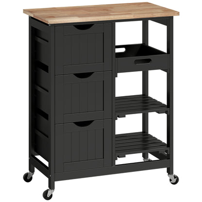 HOMCOM Rolling Kitchen Island Cart, Bar Serving Cart, Compact Trolley on Wheels with Wood Top, Shelves & Drawers for Home Dining Area, Black