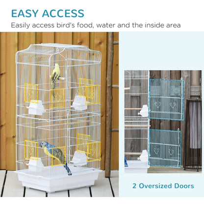 PawHut Large Metal Bird Cage with Perches, Food Bowls, Swing, for Budgies, Parakeets, White
