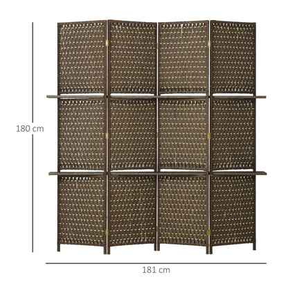 HOMCOM 4-Panel Room Dividers with Shelves, Wave Fibre Freestanding Folding Privacy Screen Panels, Partition Wall Divider for Indoor Bedroom Office, 180Â cm, Brown