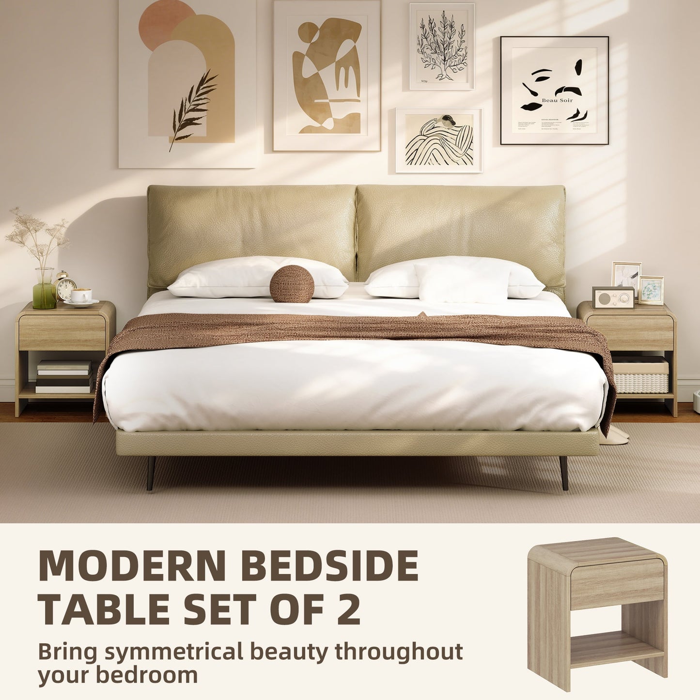 HOMCOM Bedside Tables Set of 2, Nightstands with Rounded Corners, Modern Side Table with Silent Drawer for Bedroom, Natural