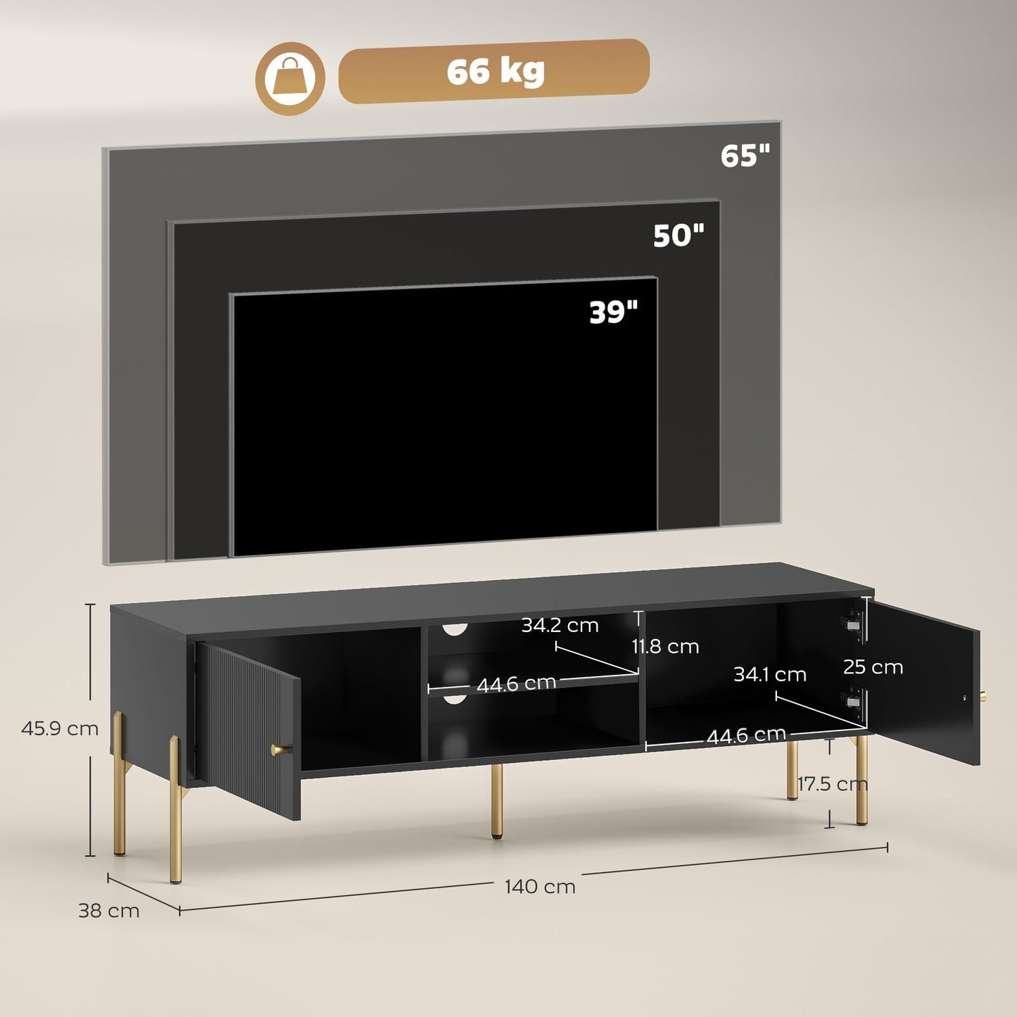 HOMCOM TV Stand for TVs up to 65", Entertainment Center with 2 Open Shelves, 2 Cabinets and Steel Legs for Living Room, Black